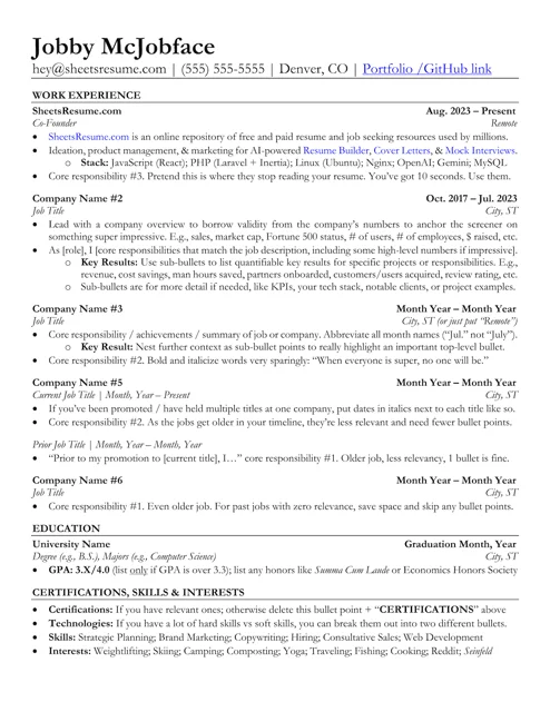 A resume made with the Sheets Resume template