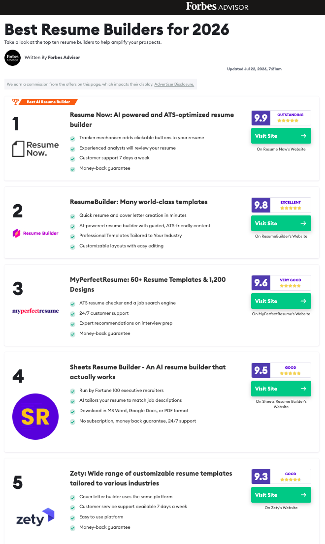Sheets Resume is now a Top 5 Resume Builder, as vetted and ranked by FORBES!