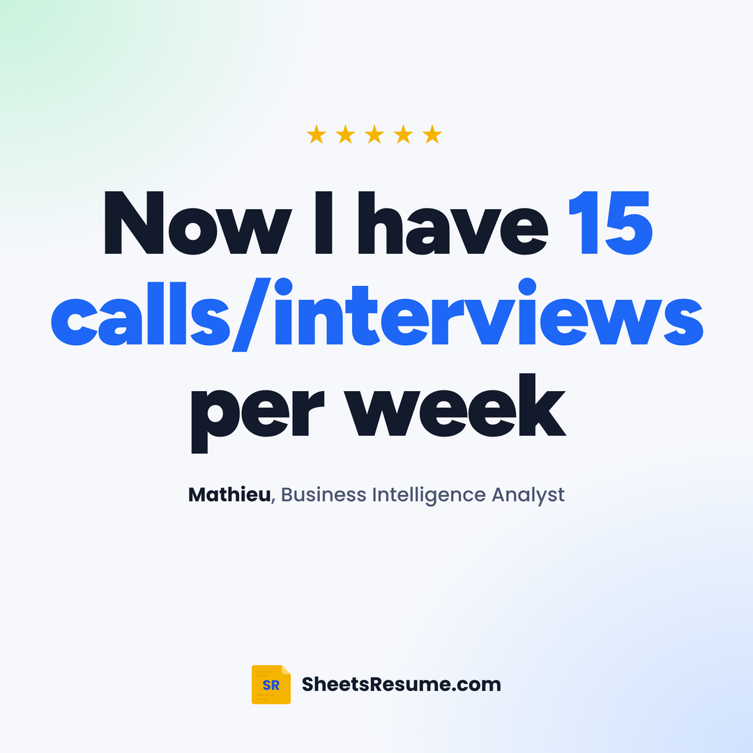 Sheets Resume Builder review from Mathieu: Now I have 15 calls/interviews per week